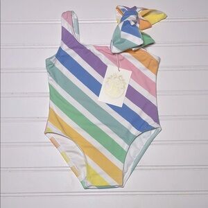 TBBC EUC Multicolor Striped Bow Shoulder One Piece Swimsuit
